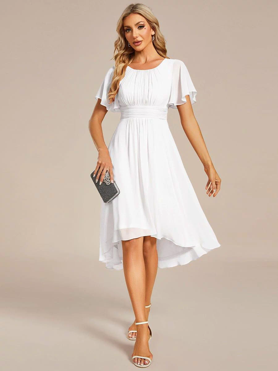 Flowy Chiffon Round Neckline A-Line Knee Length Bridesmaid Dress #color_White