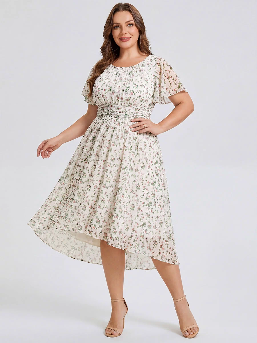 Flowy Chiffon Round Neckline A-Line Knee Length Bridesmaid Dress #color_White Floral