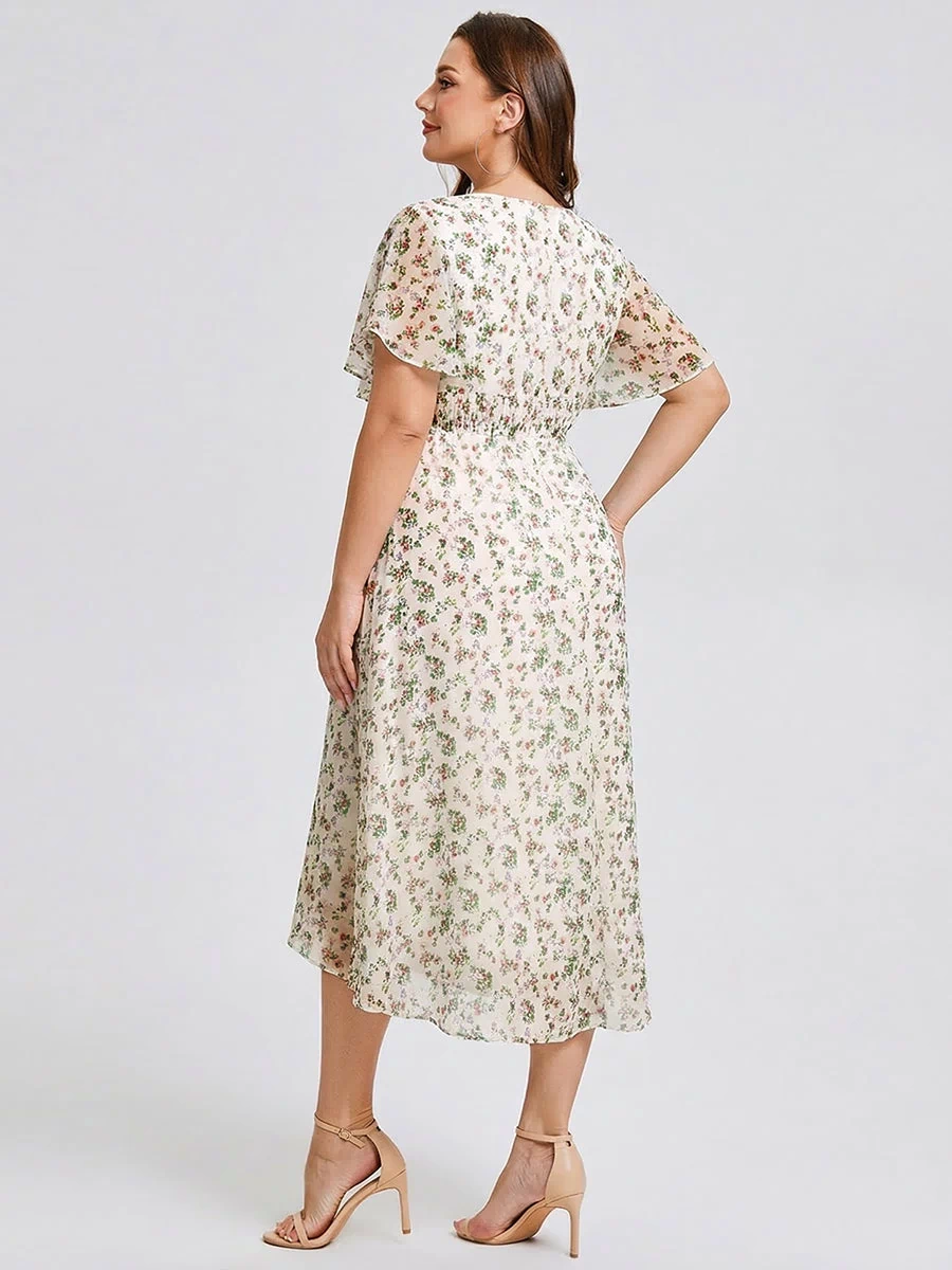 Flowy Chiffon Round Neckline A-Line Knee Length Bridesmaid Dress #color_White Floral