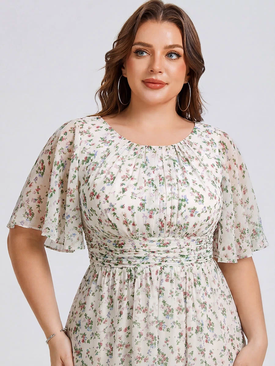 Flowy Chiffon Round Neckline A-Line Knee Length Bridesmaid Dress #color_White Floral