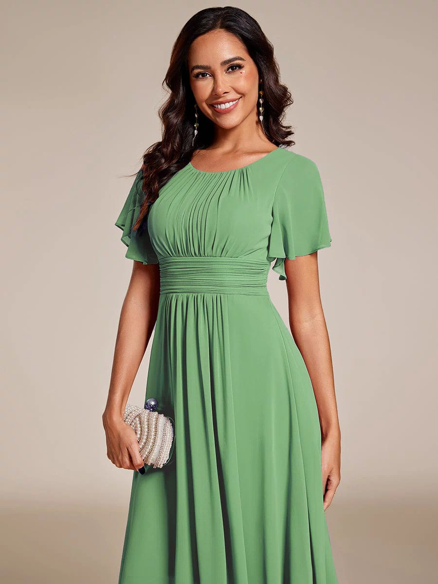 Flowy Chiffon Round Neckline A-Line Knee Length Bridesmaid Dress #color_Sage Green