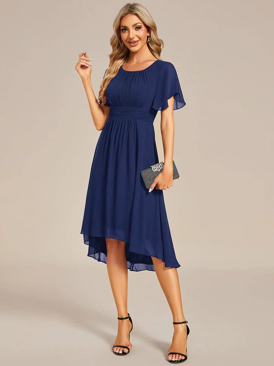 Flowy Chiffon Round Neckline A-Line Knee Length Bridesmaid Dress #color_Navy Blue