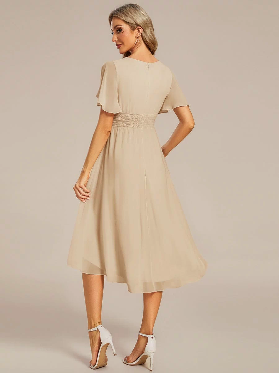 Flowy Chiffon Round Neckline A-Line Knee Length Bridesmaid Dress #color_Champagne