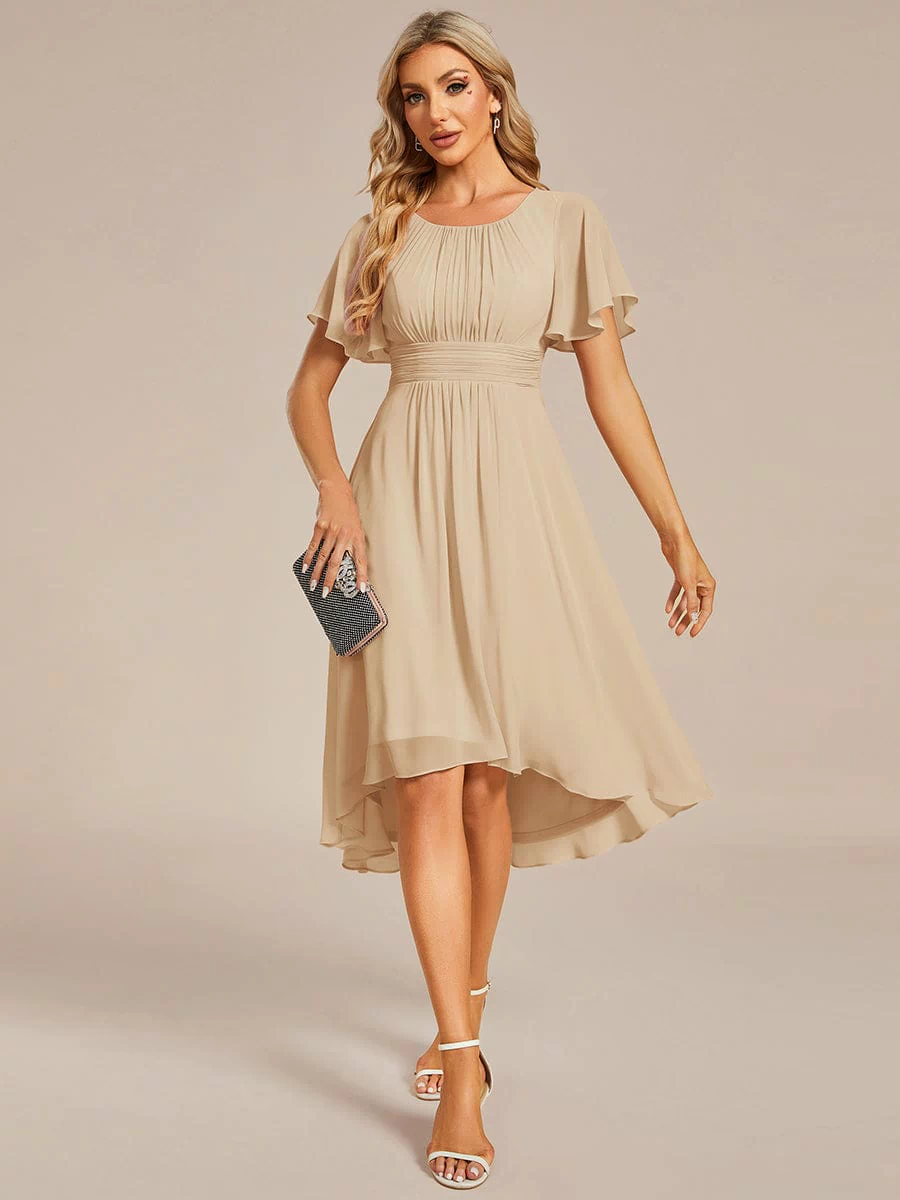 Flowy Chiffon Round Neckline A-Line Knee Length Bridesmaid Dress #color_Champagne