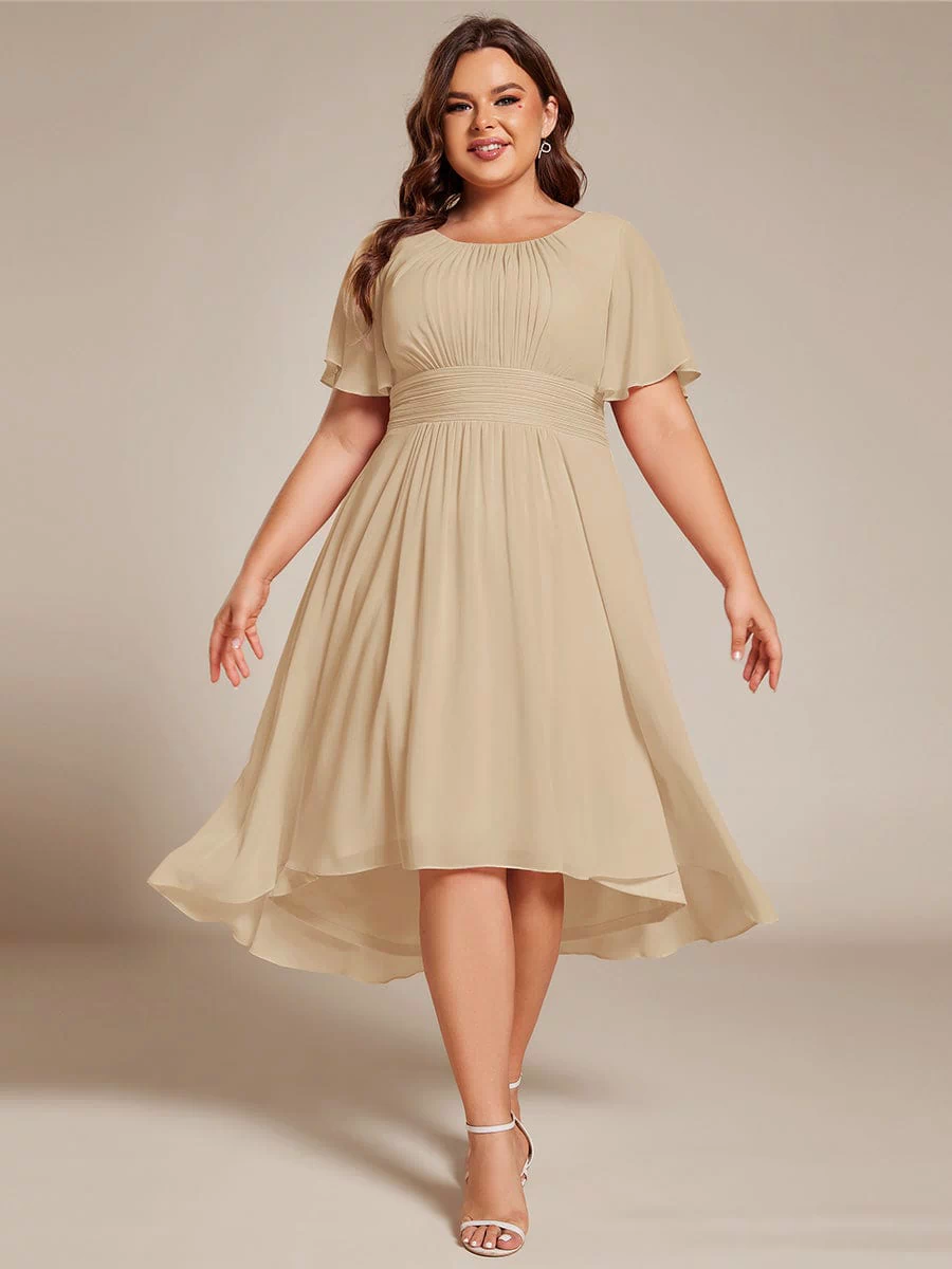 Flowy Chiffon Round Neckline A-Line Knee Length Bridesmaid Dress #color_Champagne