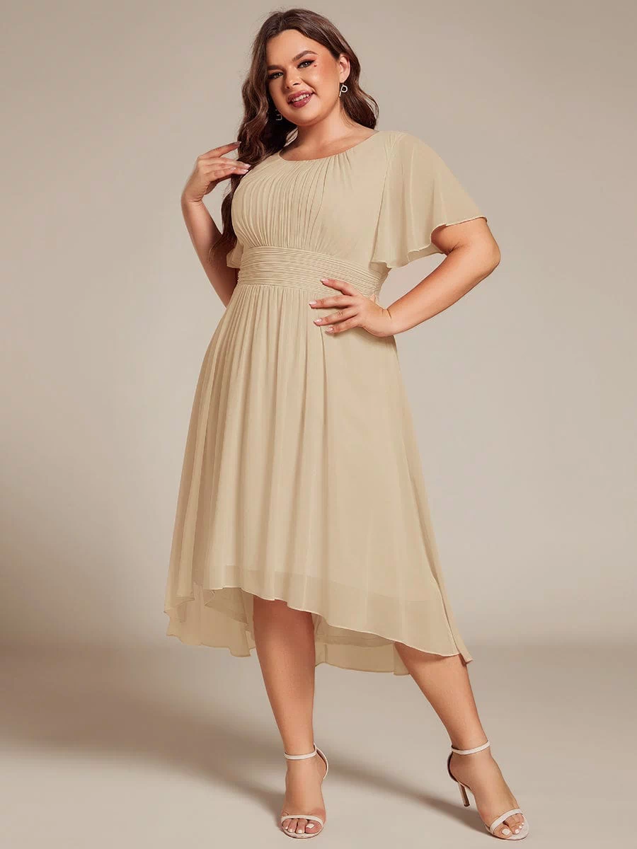 Flowy Chiffon Round Neckline A-Line Knee Length Bridesmaid Dress #color_Champagne