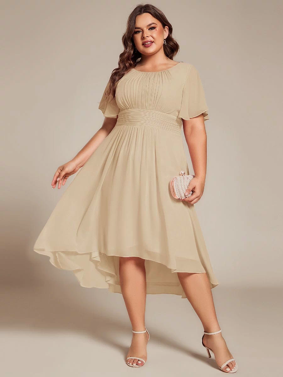 Flowy Chiffon Round Neckline A-Line Knee Length Bridesmaid Dress #color_Champagne