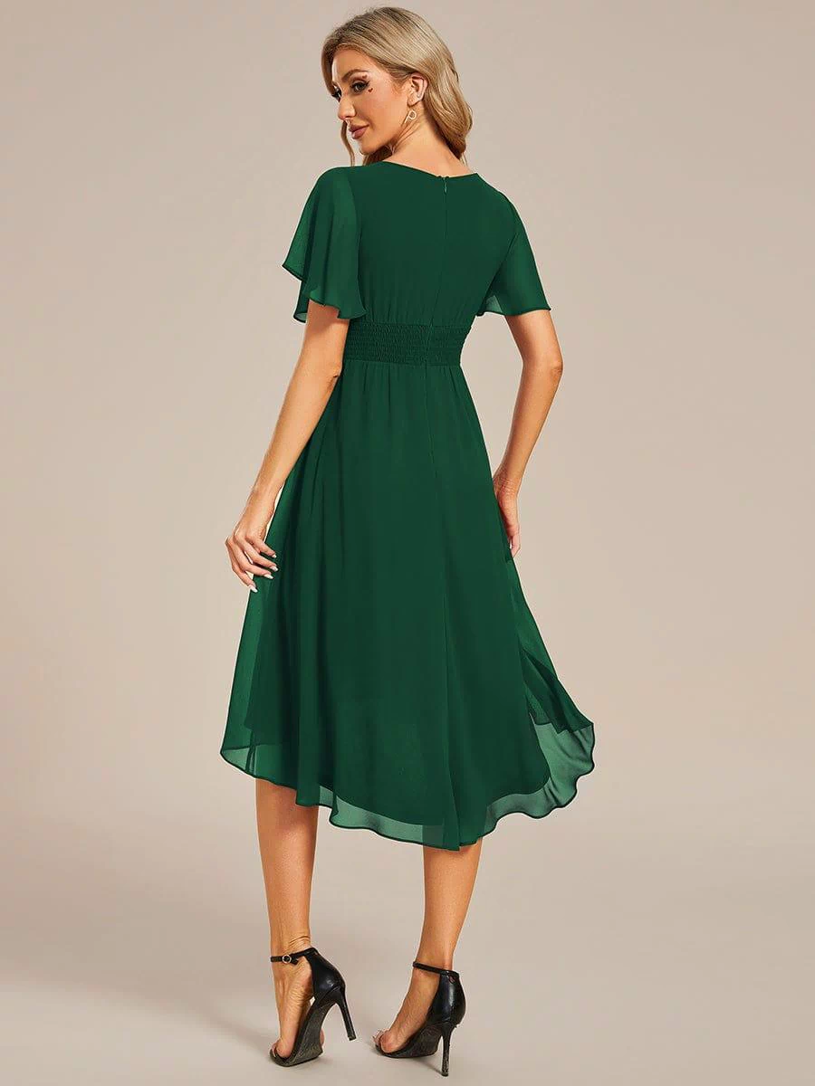 Flowy Chiffon Round Neckline A-Line Knee Length Bridesmaid Dress #color_Dark Green
