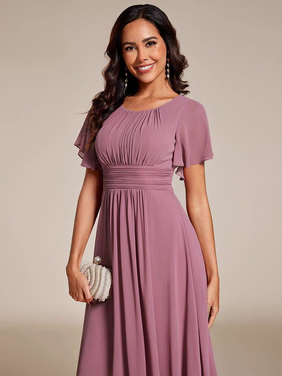 Flowy Chiffon Round Neckline A-Line Knee Length Bridesmaid Dress #color_Purple Orchid