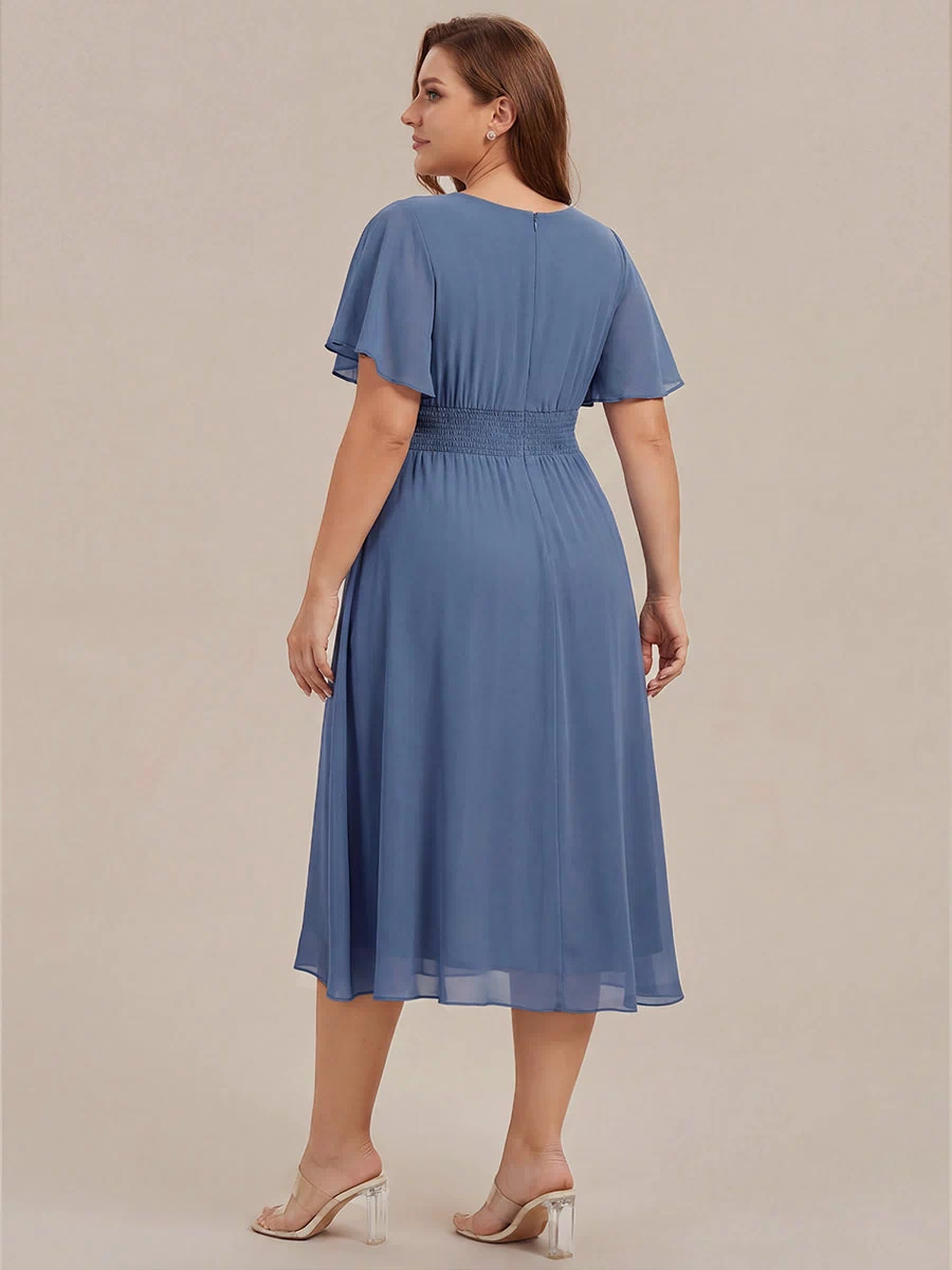 Flowy Chiffon Round Neckline A-Line Knee Length Bridesmaid Dress #color_Dusty Blue