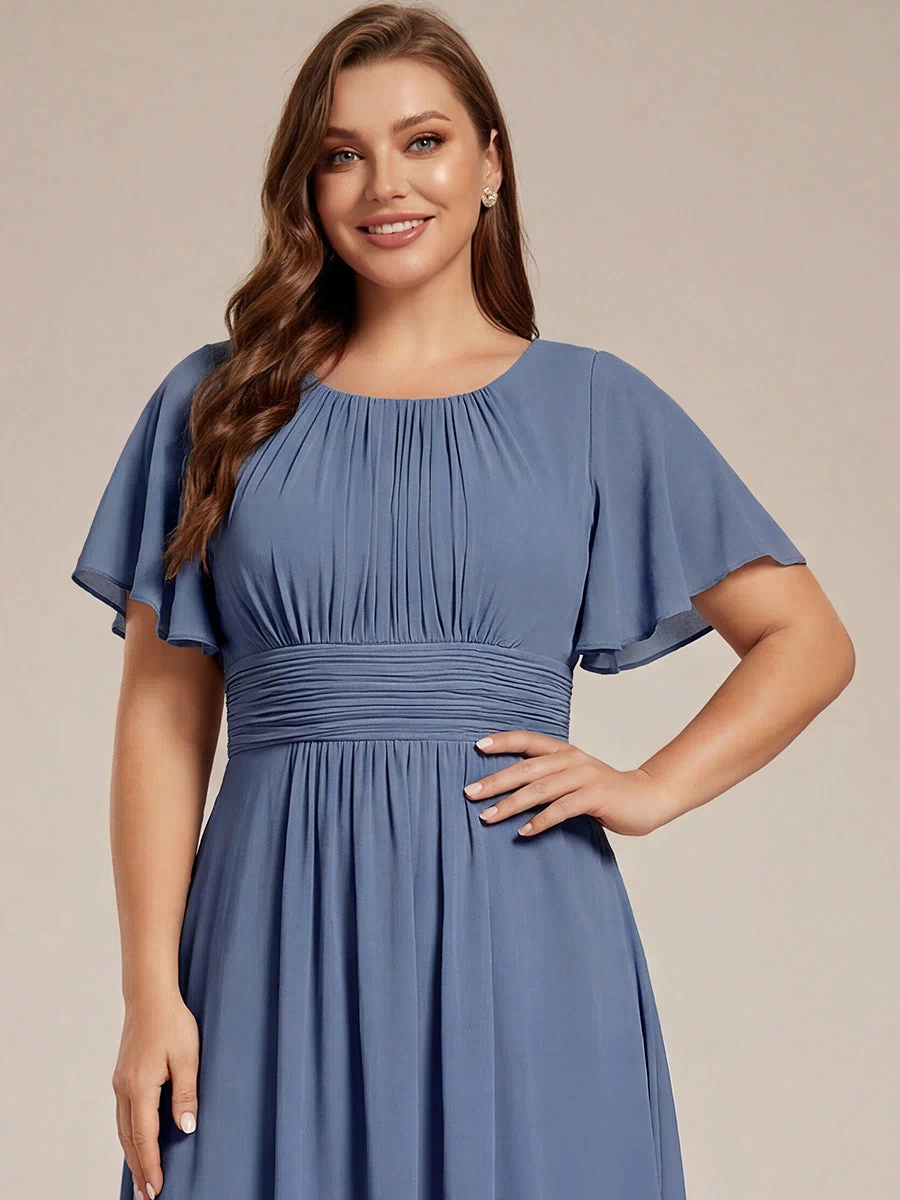 Flowy Chiffon Round Neckline A-Line Knee Length Bridesmaid Dress #color_Dusty Blue