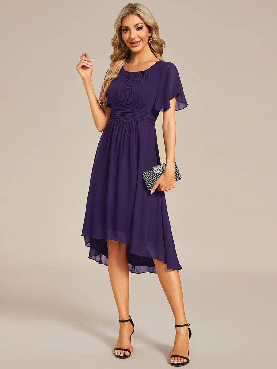 Flowy Chiffon Round Neckline A-Line Knee Length Bridesmaid Dress #color_Dark Purple
