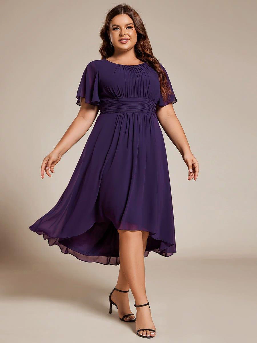 Flowy Chiffon Round Neckline A-Line Knee Length Bridesmaid Dress #color_Dark Purple