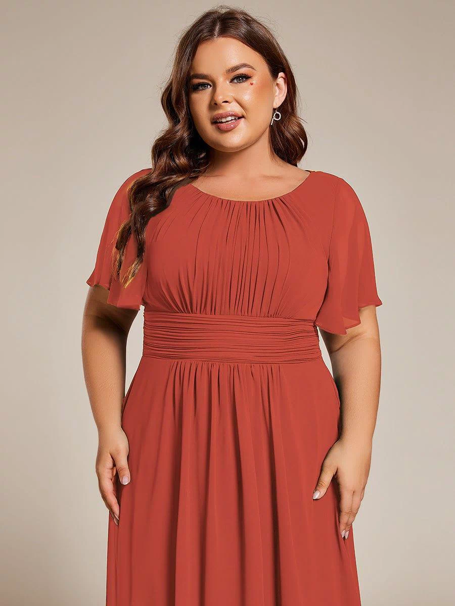 Flowy Chiffon Round Neckline A-Line Knee Length Bridesmaid Dress #color_Burnt Orange