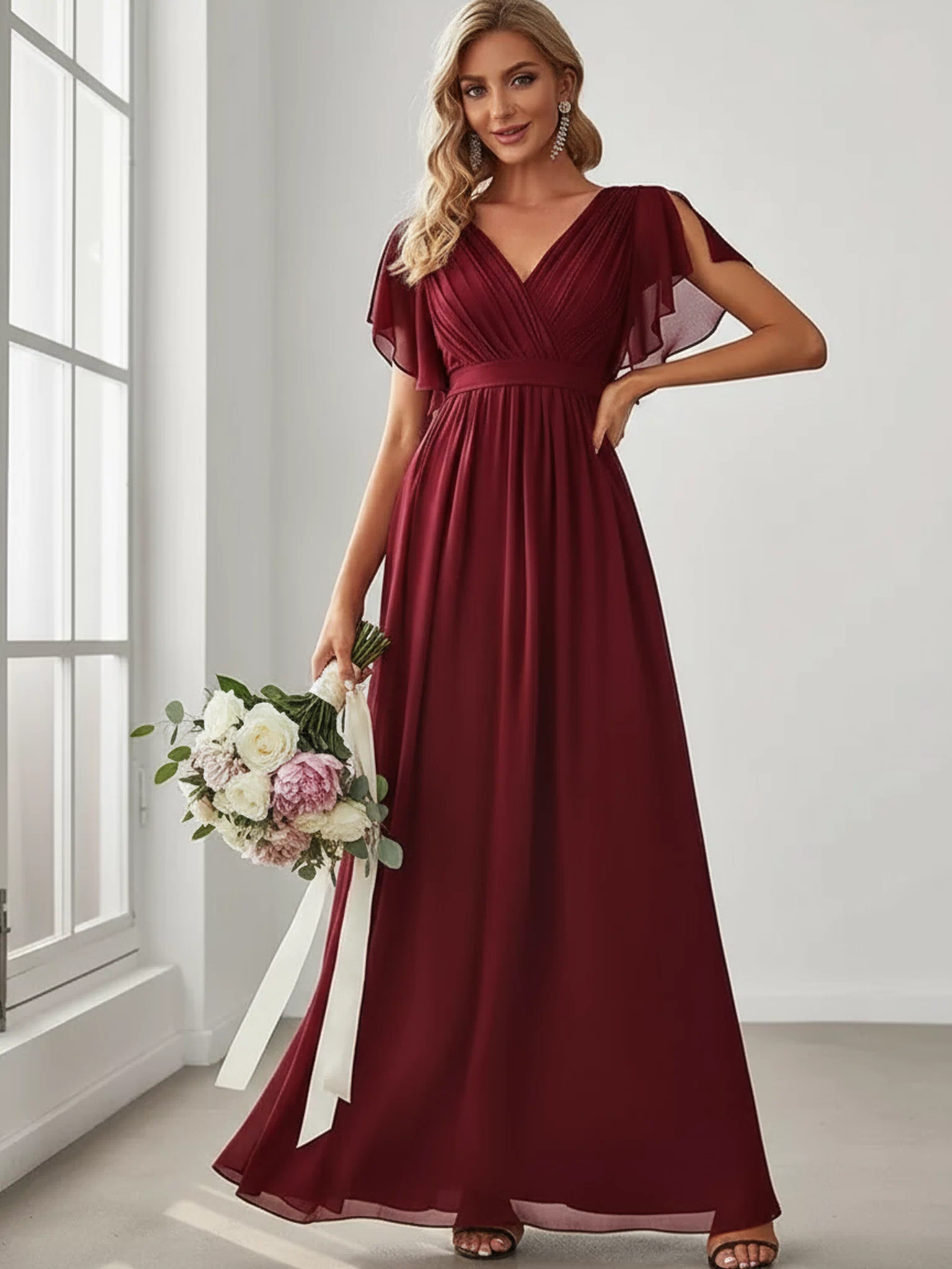 A-Line Pleated Chiffon Tie-Waist Evening Dress #color_Burgundy