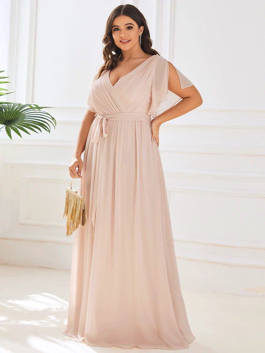 A-Line Pleated Chiffon Tie-Waist Evening Dress #color_Blush