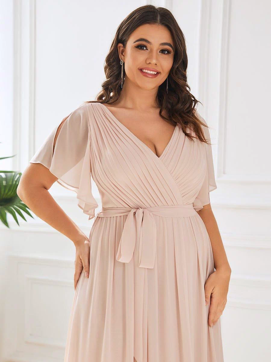 A-Line Pleated Chiffon Tie-Waist Evening Dress #color_Blush