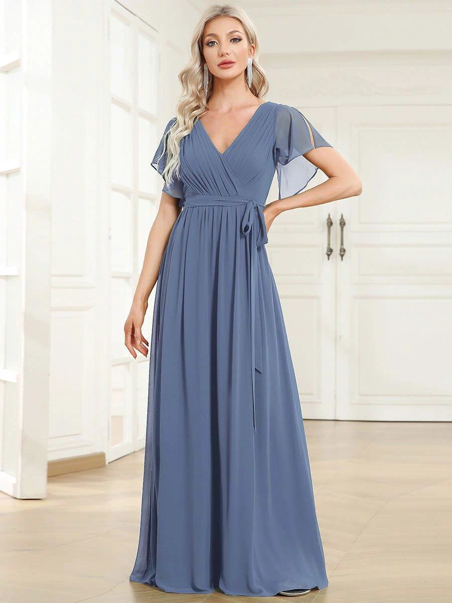 A-Line Pleated Chiffon Tie-Waist Evening Dress #color_Dusty Blue