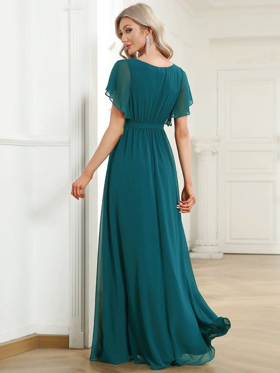 A-Line Pleated Chiffon Tie-Waist Evening Dress #color_Teal
