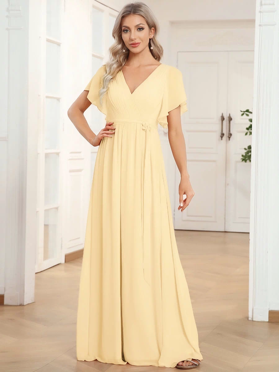 A-Line Pleated Chiffon Tie-Waist Evening Dress #color_Yellow