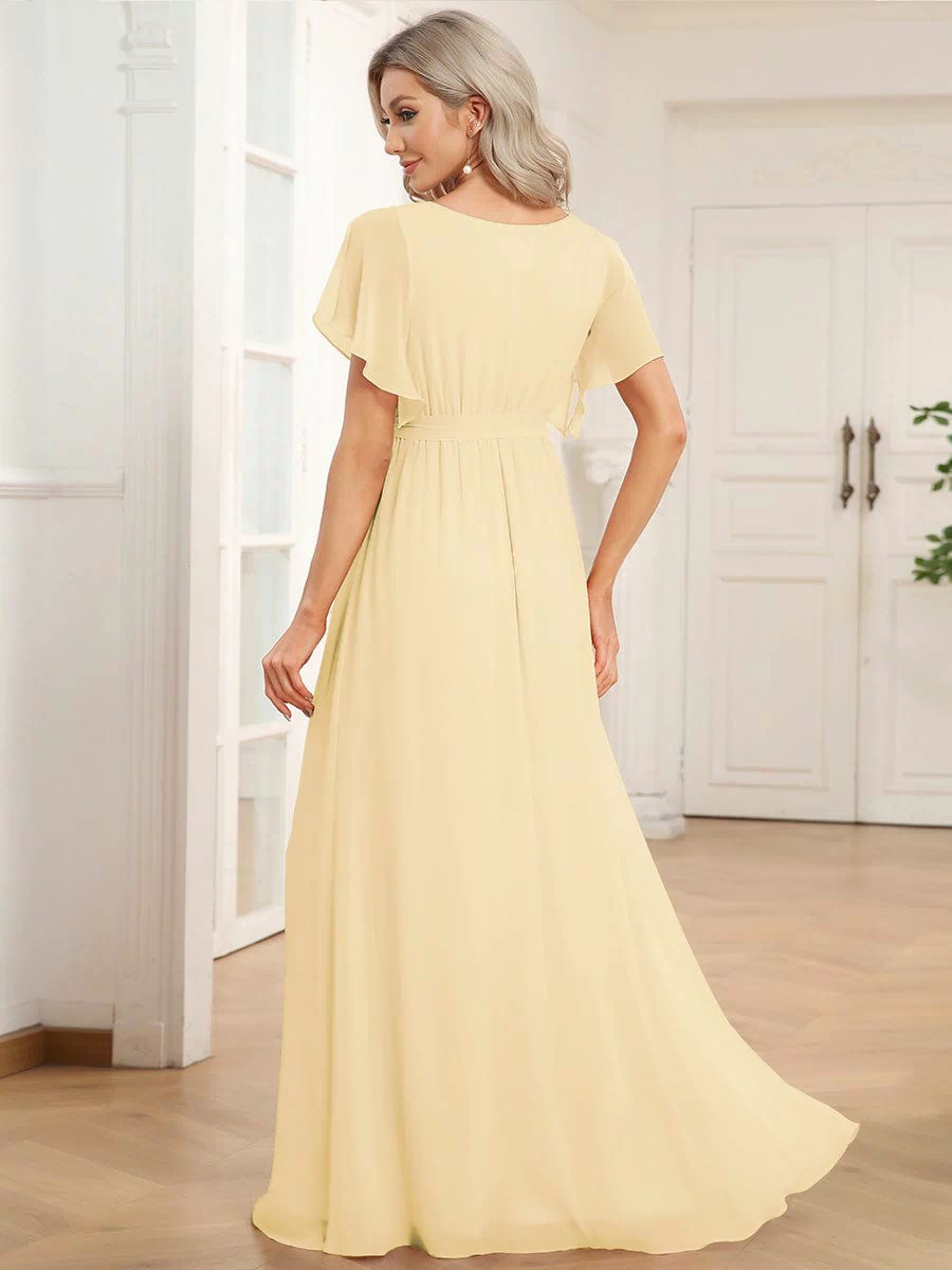 A-Line Pleated Chiffon Tie-Waist Evening Dress #color_Yellow