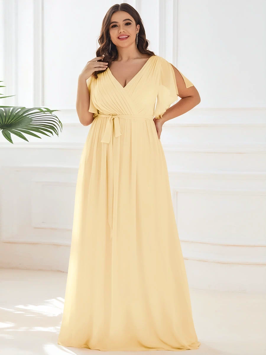 A-Line Pleated Chiffon Tie-Waist Evening Dress #color_Yellow