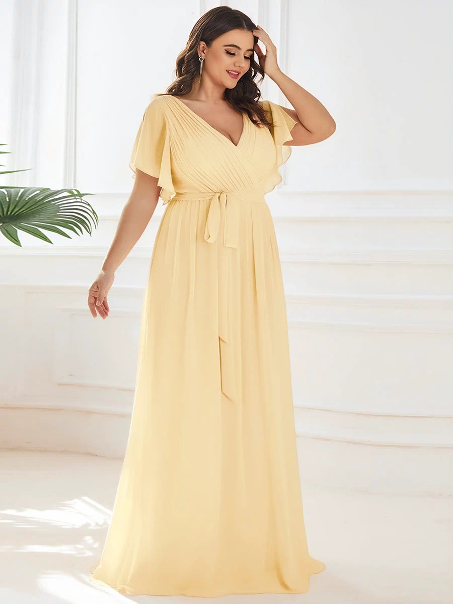 A-Line Pleated Chiffon Tie-Waist Evening Dress #color_Yellow
