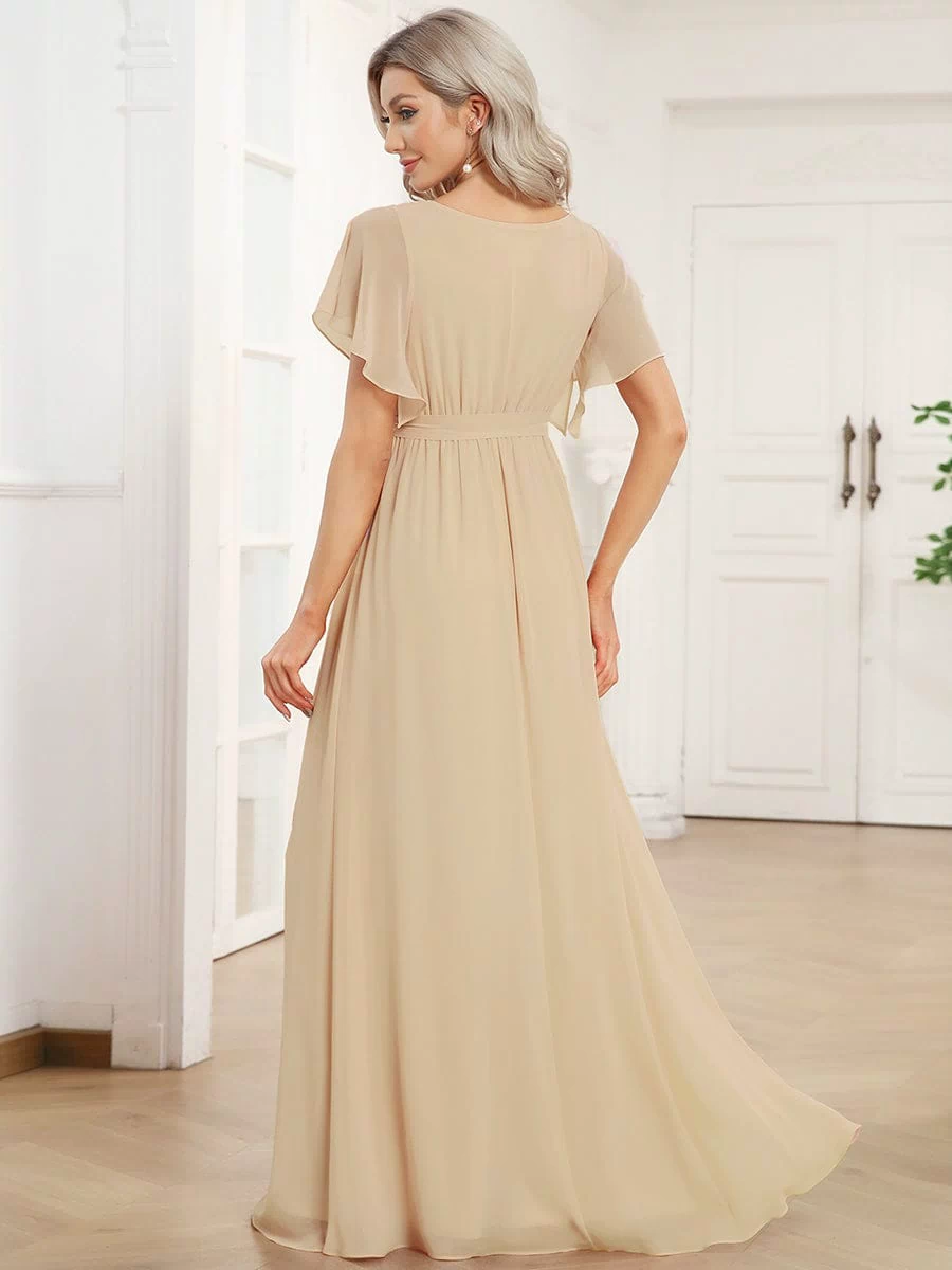 A-Line Pleated Chiffon Tie-Waist Evening Dress #color_Champagne