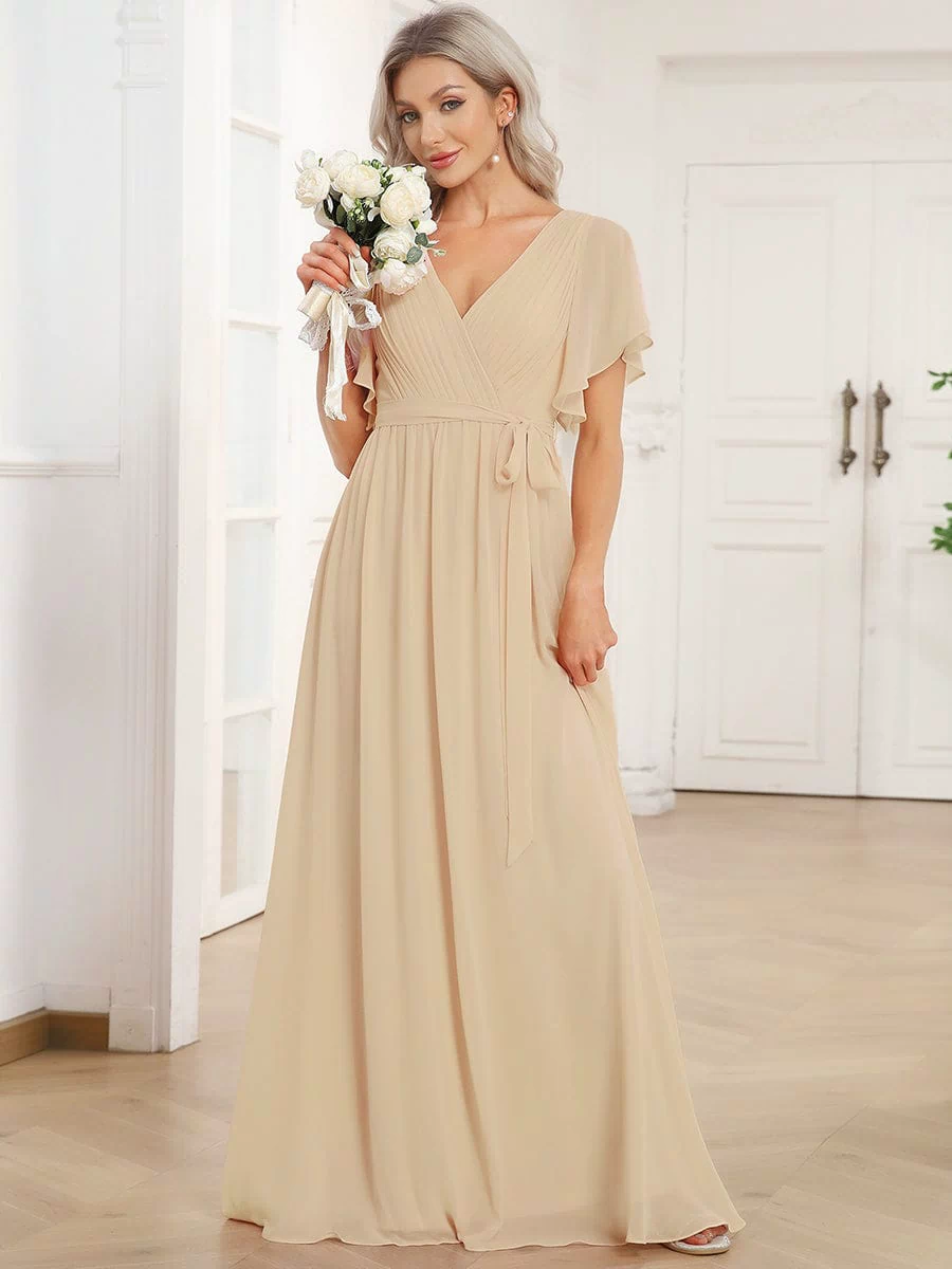 A-Line Pleated Chiffon Tie-Waist Evening Dress #color_Champagne