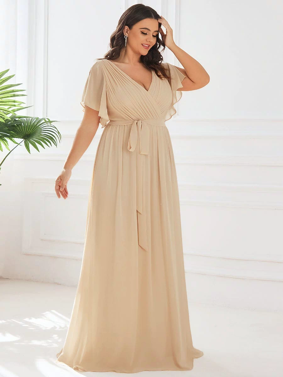 A-Line Pleated Chiffon Tie-Waist Evening Dress #color_Champagne