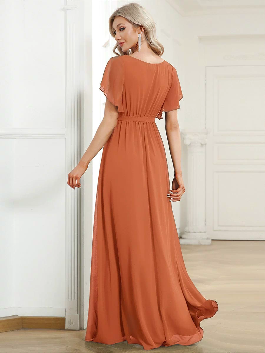 A-Line Pleated Chiffon Tie-Waist Evening Dress #color_Brandied Melon