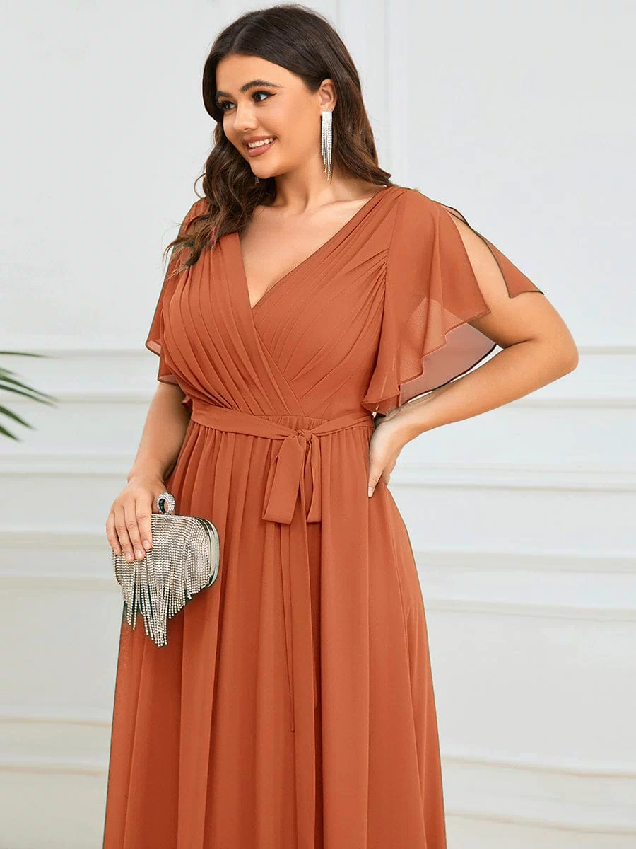 A-Line Pleated Chiffon Tie-Waist Evening Dress #color_Brandied Melon