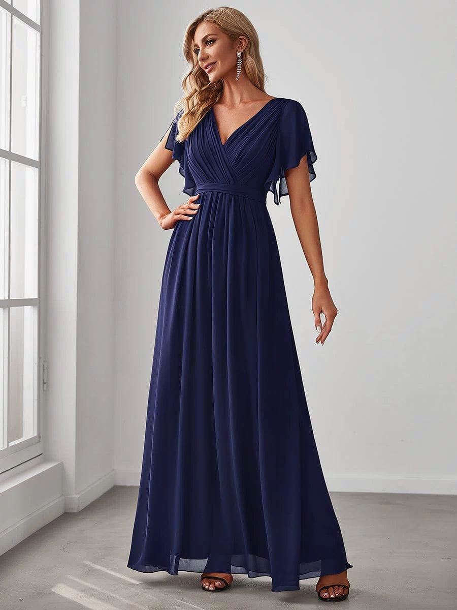 A-Line Pleated Chiffon Tie-Waist Evening Dress #color_Navy Blue