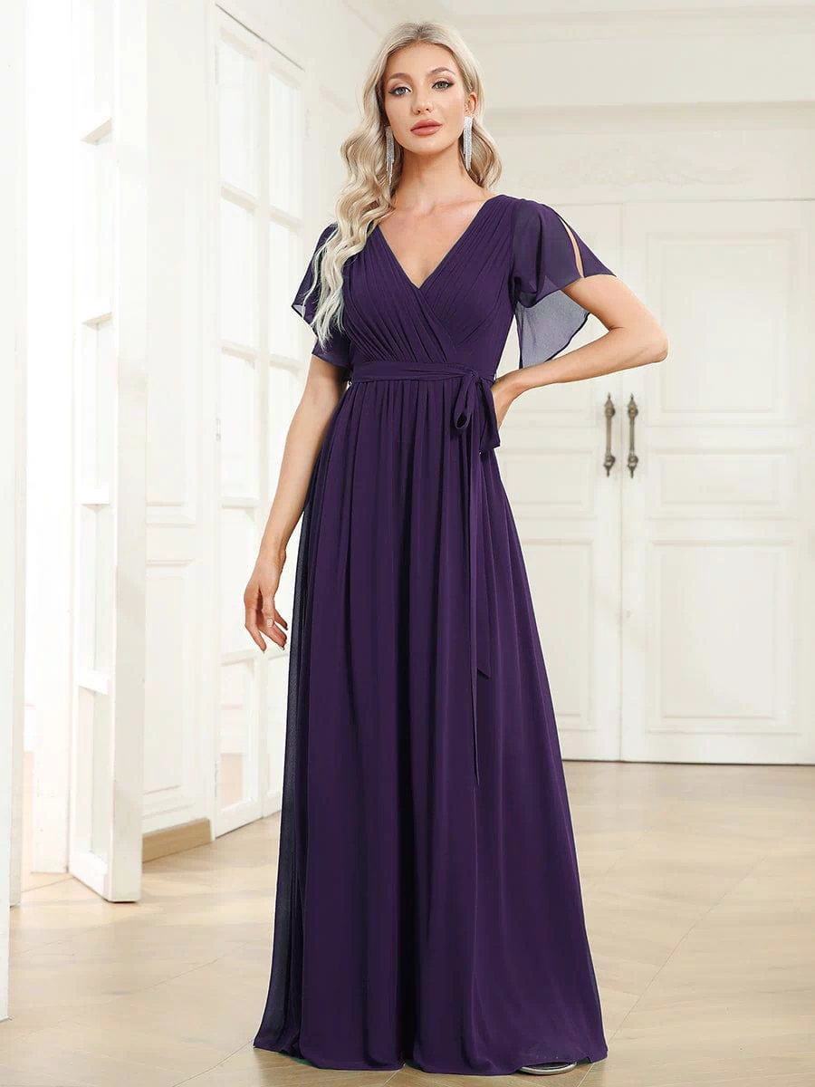 A-Line Pleated Chiffon Tie-Waist Evening Dress #color_Dark Purple