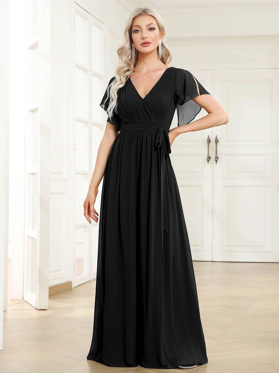 A-Line Pleated Chiffon Tie-Waist Evening Dress #color_Black
