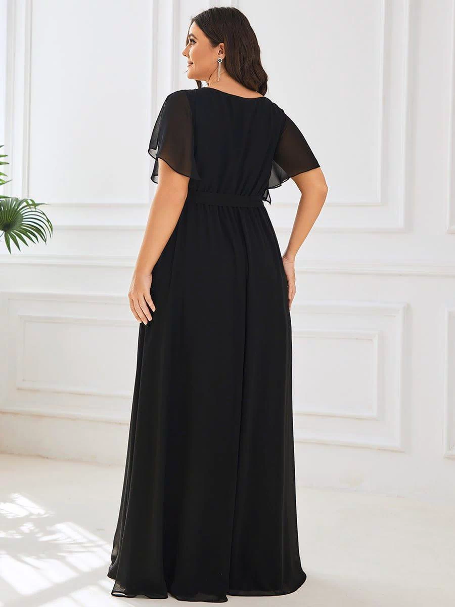 A-Line Pleated Chiffon Tie-Waist Evening Dress #color_Black