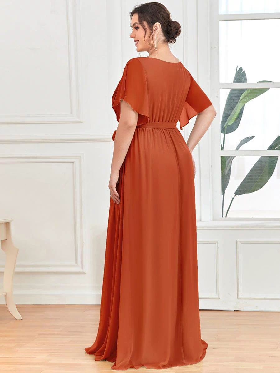 A-Line Pleated Chiffon Tie-Waist Evening Dress #color_Burnt Orange