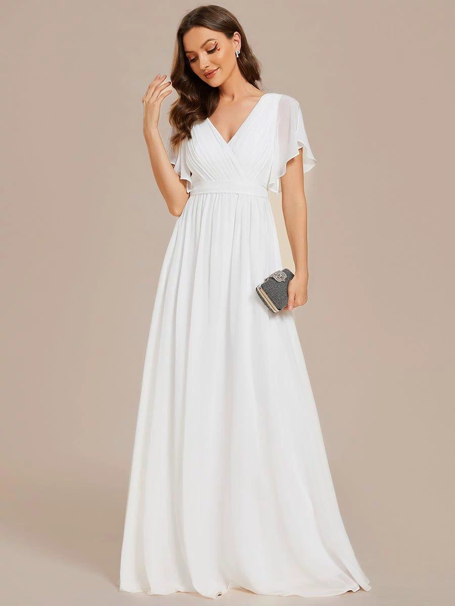 A-Line Pleated Chiffon Tie-Waist Evening Dress #color_White
