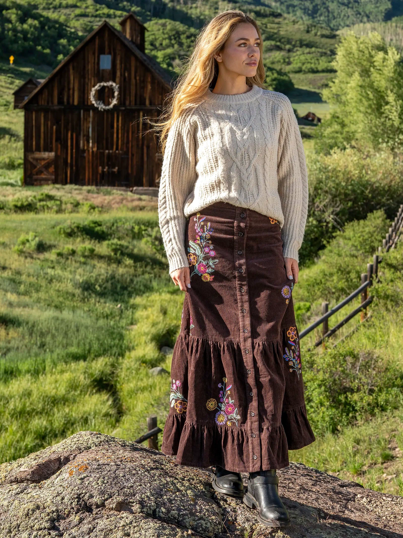 Free Fallin' Embroidered Corduroy Maxi Skirt - Brown Rainbow Blooms-view 2
