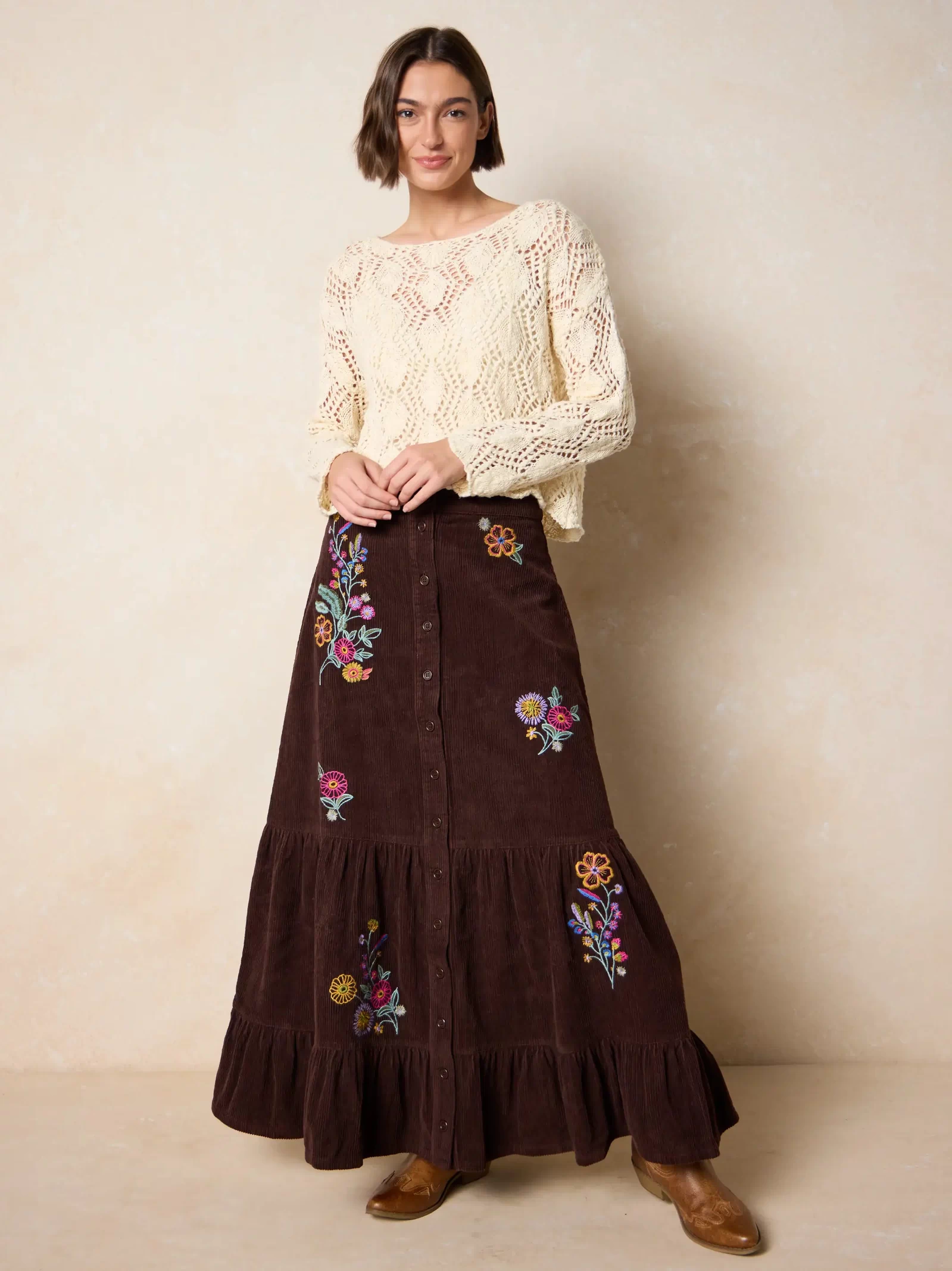 Free Fallin' Embroidered Corduroy Maxi Skirt - Brown Rainbow Blooms-view 4