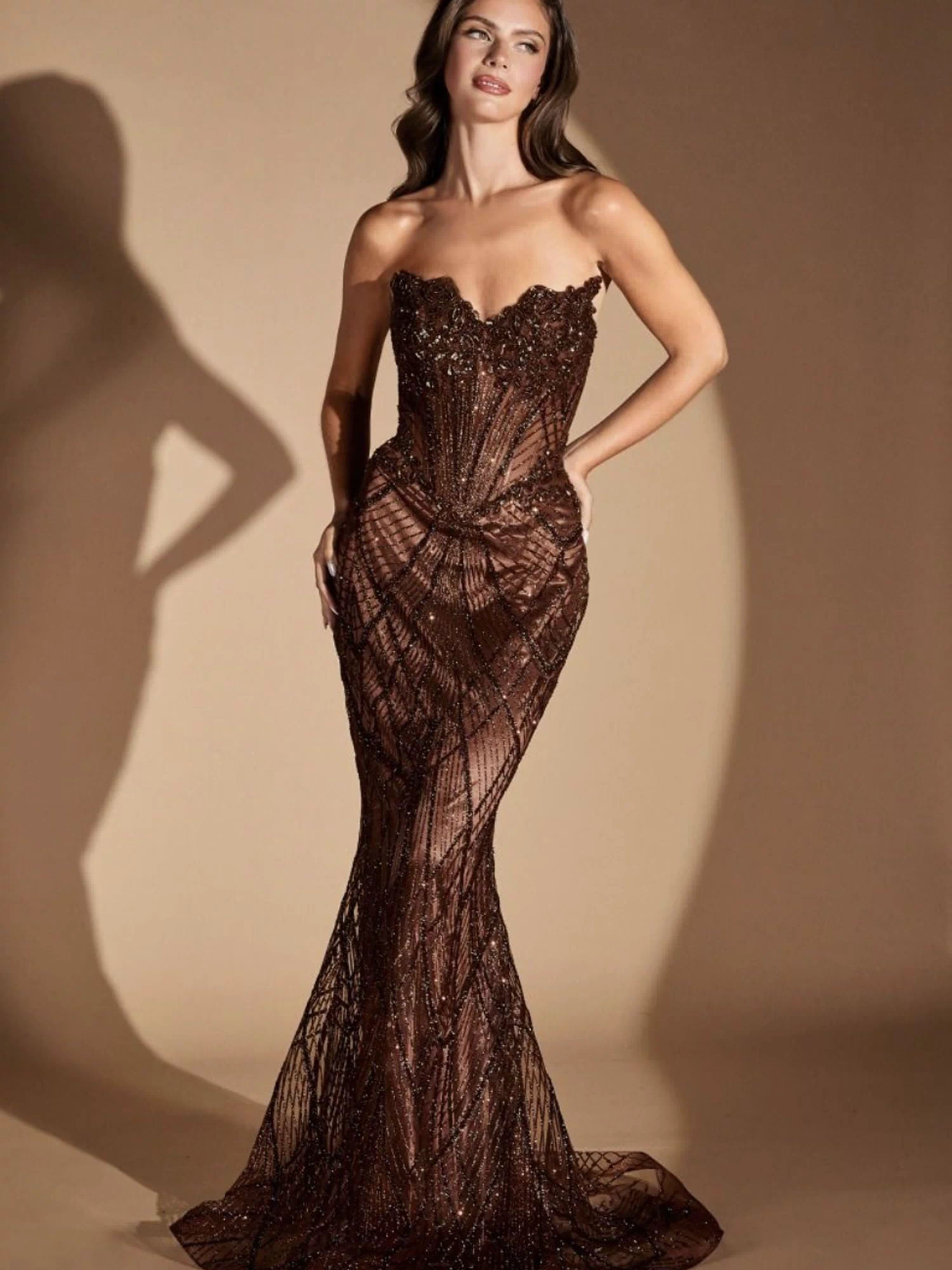GEMINI GOWN - BEADED SEQUIN FITTED STRAPLESS GOWN