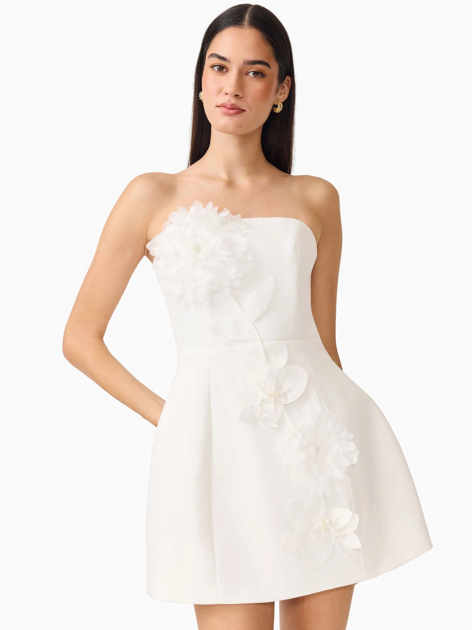 Gemma Floral Mini Dress in White with a strapless neckline, tulip skirt & floral appliques close up shot