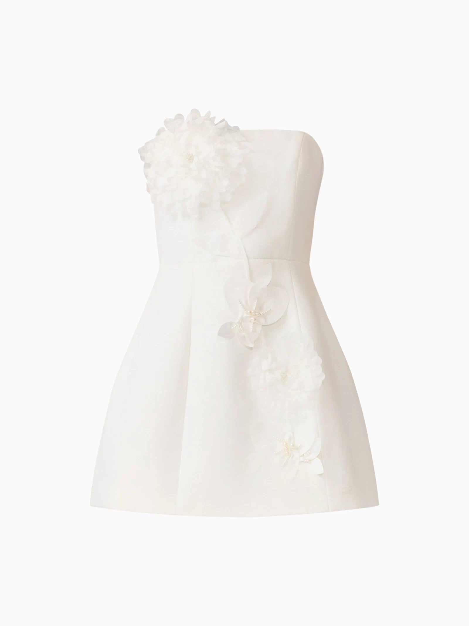 Gemma Floral Mini Dress in White with a strapless neckline, tulip skirt & floral appliques ghost shot