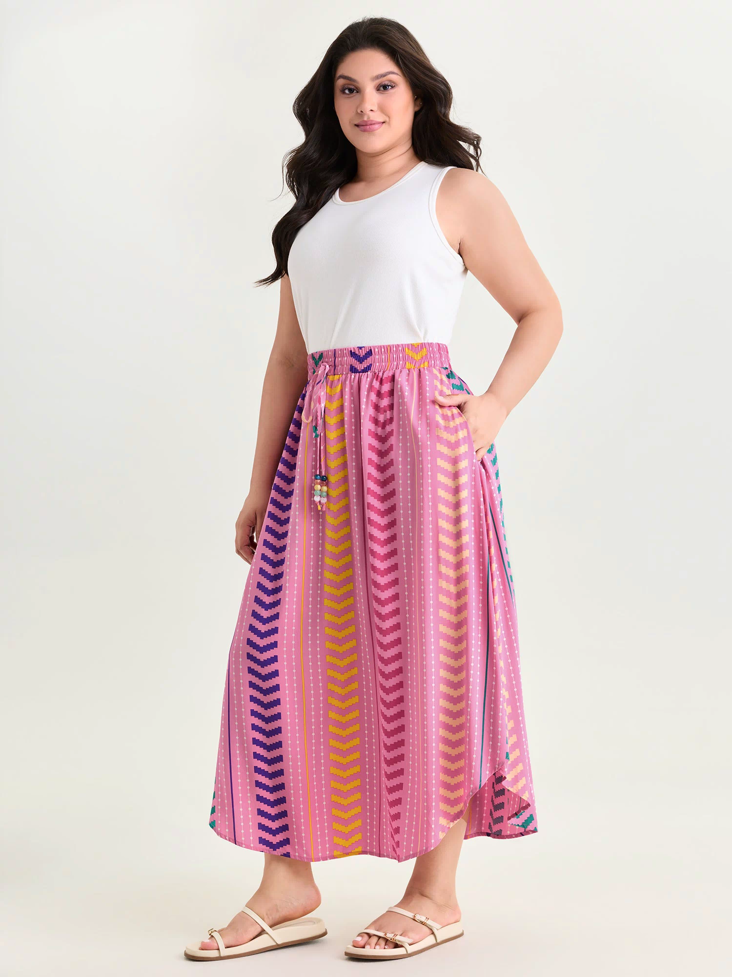Geometric Striped Print Drawstring Maxi Skirt