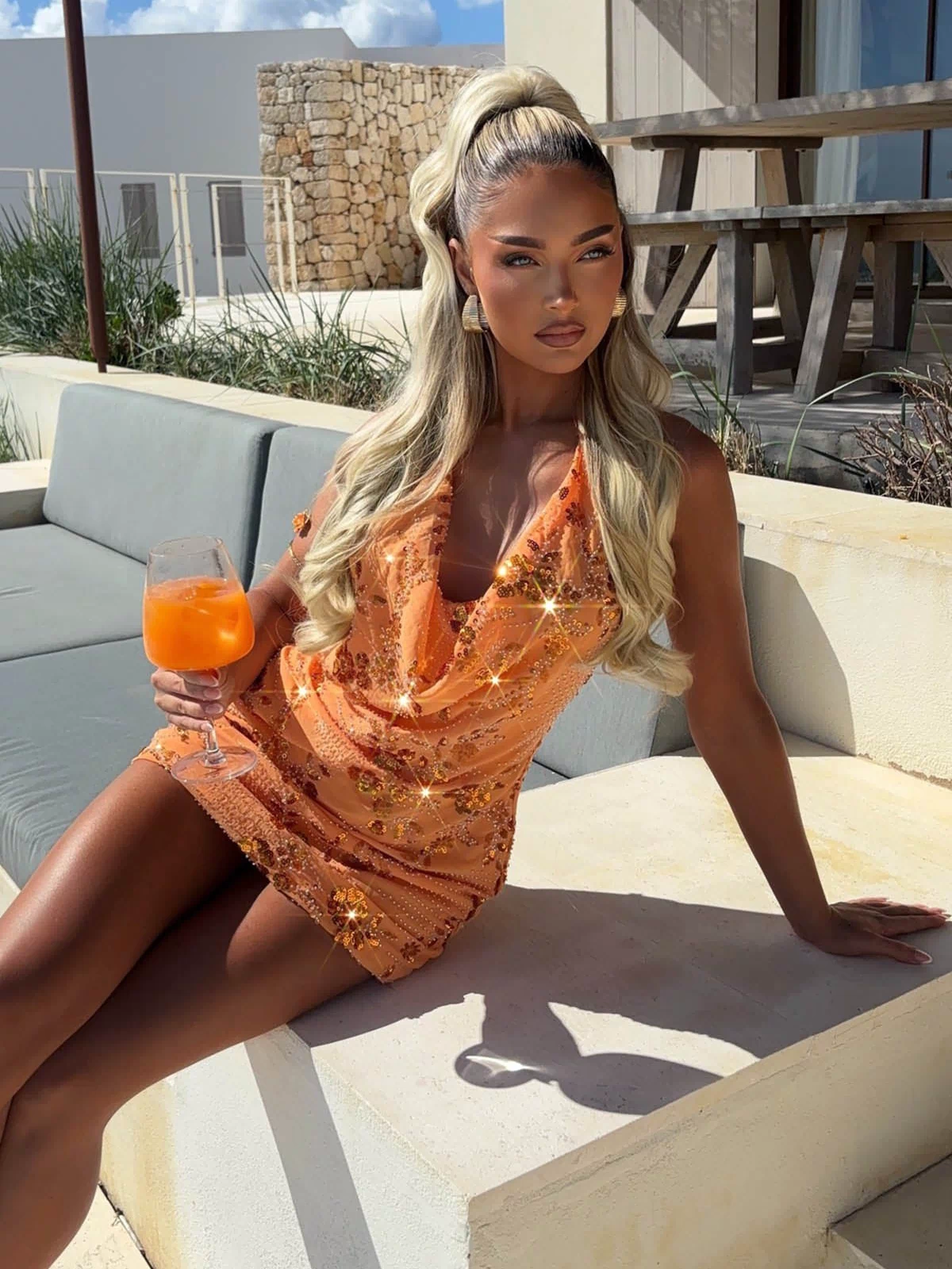 Glistening Girl Coral Beaded Sequin Halter Mini Dress