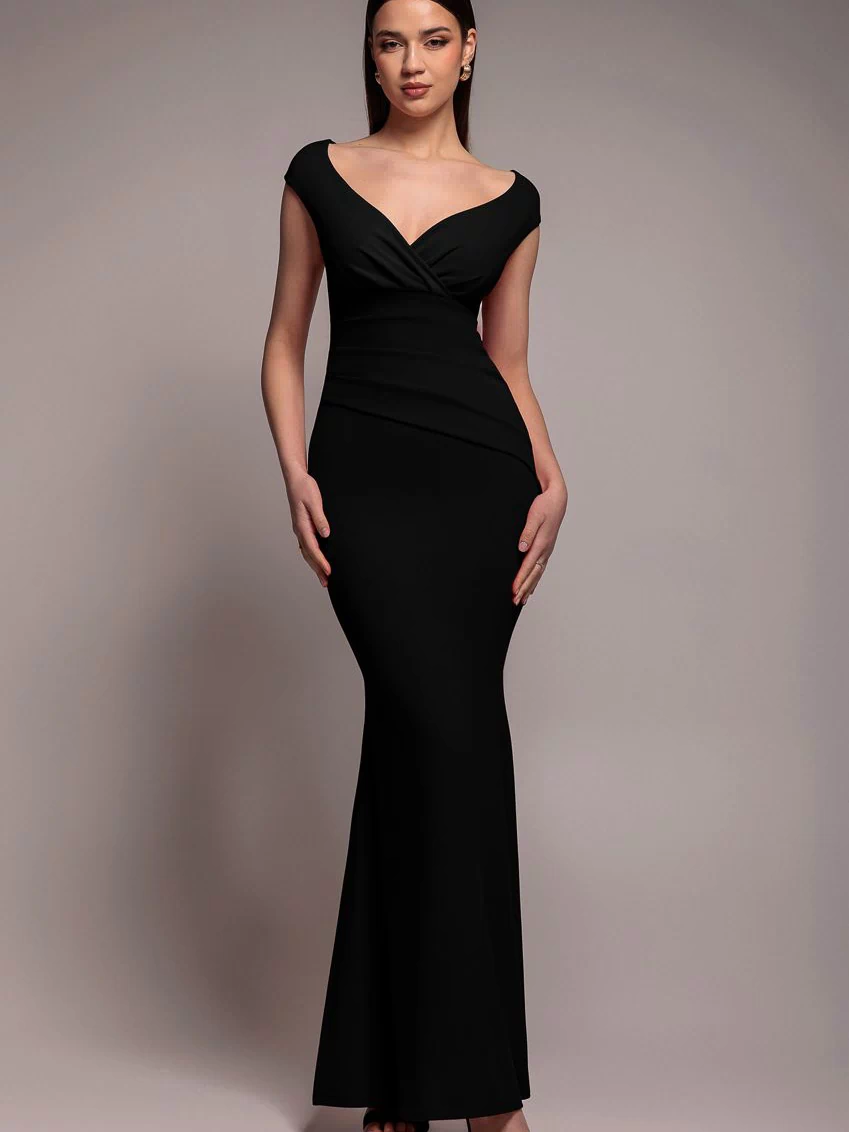 Bardot Pleated Maxi Dress - Black by Goddiva