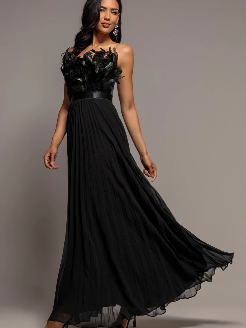 Feather Off The Shoulder Pleated Evening Maxi Dress - Black by Goddiva