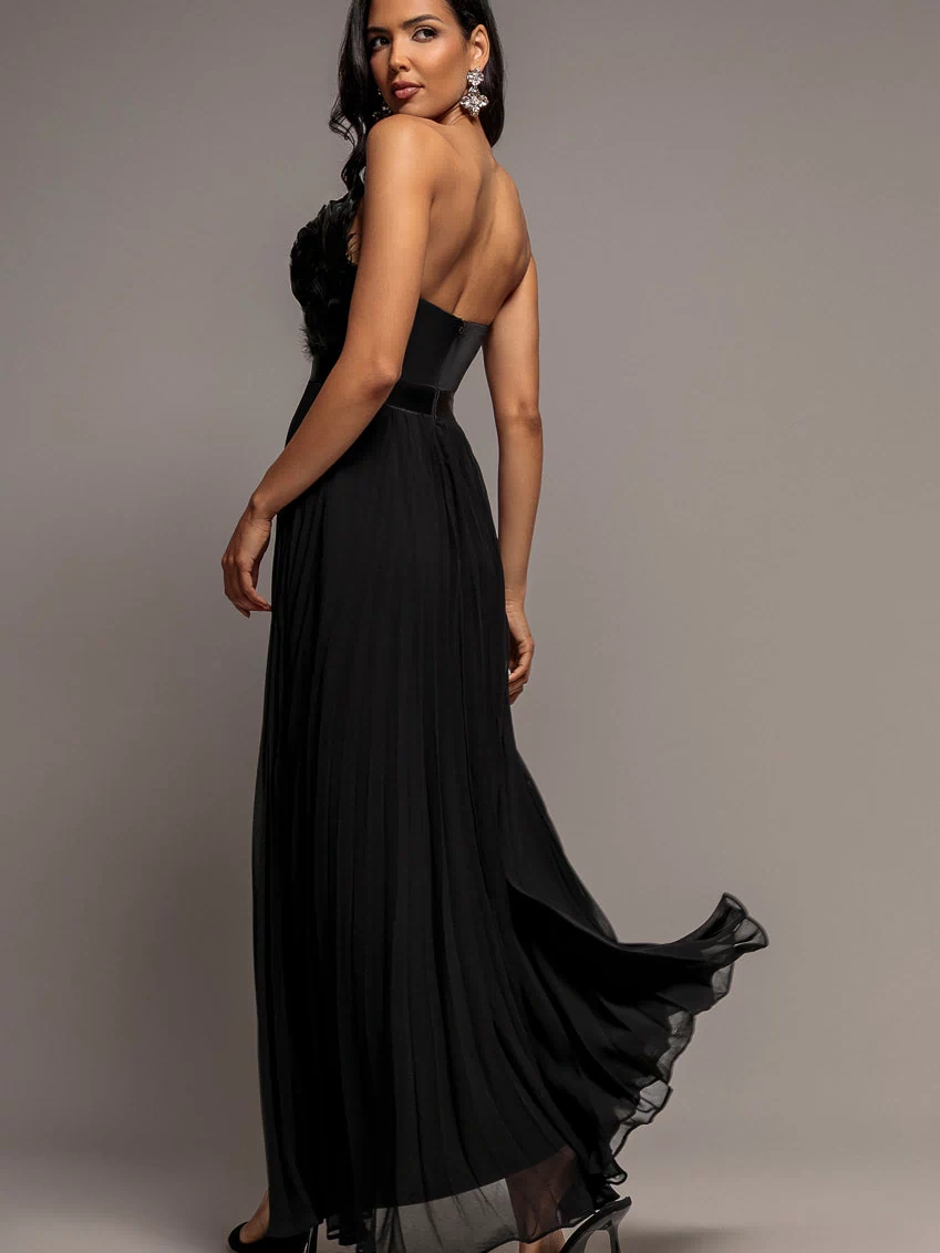Feather Off The Shoulder Pleated Evening Maxi Dress - Black DR3233