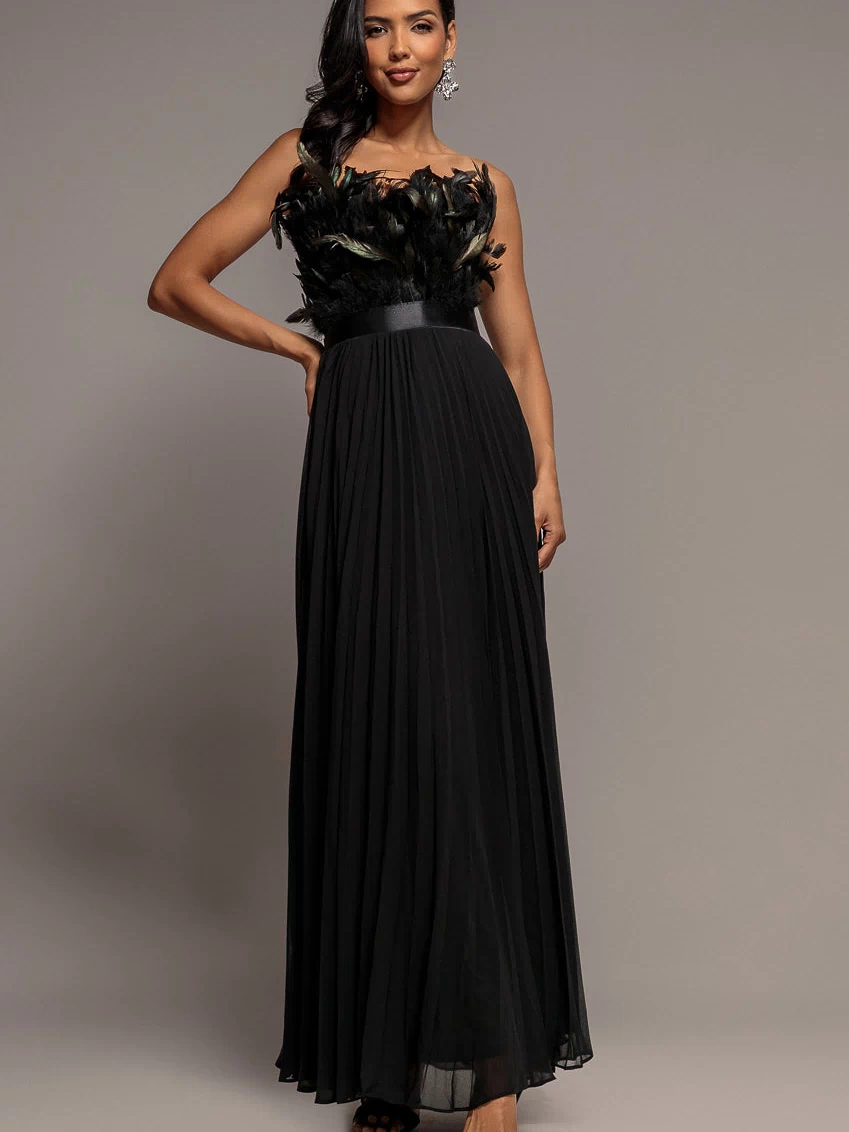 Feather Off The Shoulder Pleated Evening Maxi Dress - Black DR3233