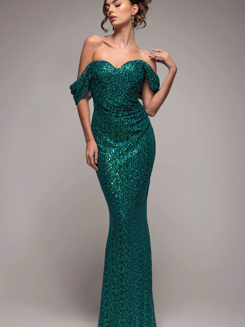 Off The Shoulder Sequin Wing Maxi - Emerald Green by Goddiva